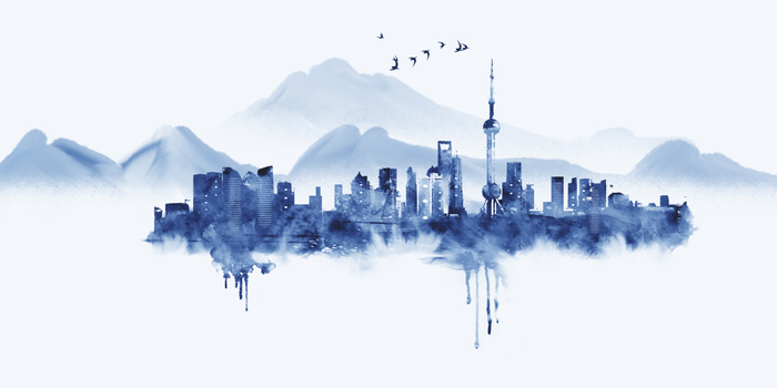 上海地标建筑水墨画素材