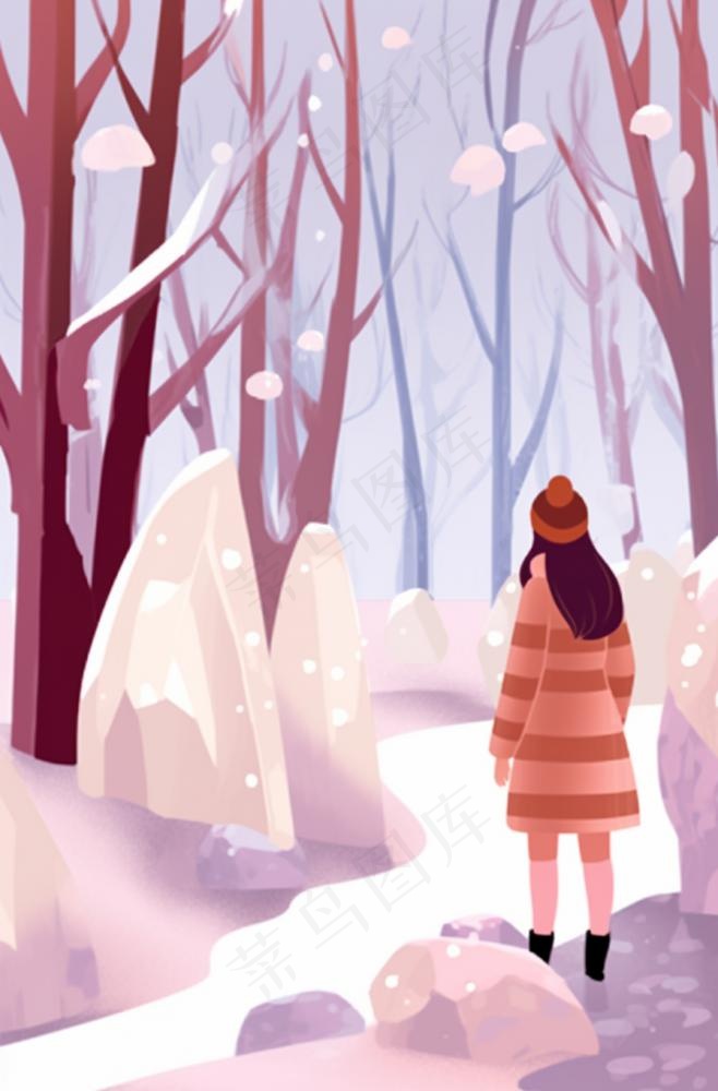 冬天下雪女孩走在森林的道路白雪紫粉色卡通插画背景(896x1360)