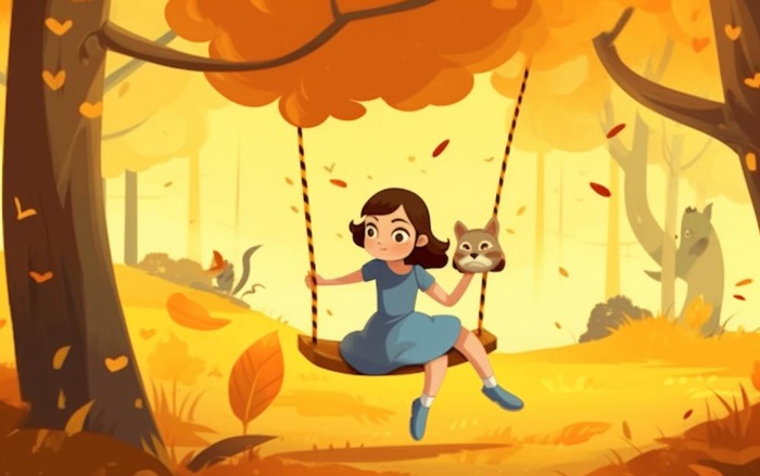 秋天女孩在树上荡秋千黄色落叶插画背景