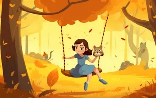 秋天女孩在树上荡秋千黄色落叶插画背景