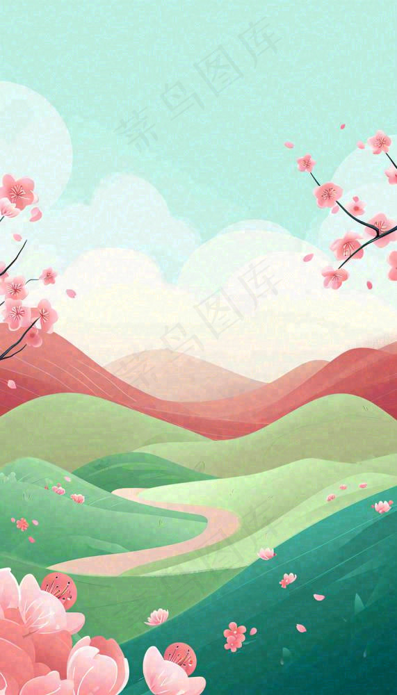 春天卡通手绘绿色的山景和开满粉红色画的树，春游，踏青，春分(832x1456)