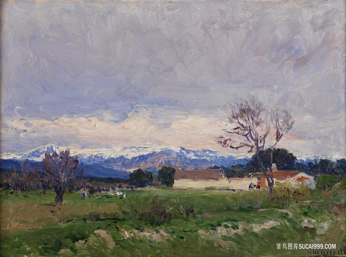 草地农房高清风景画油画