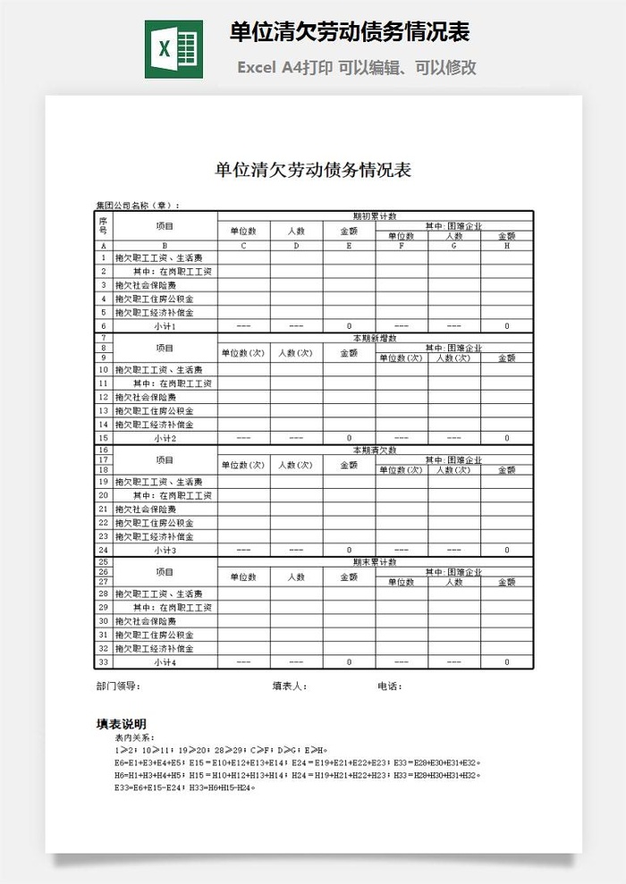 单位清欠劳动债务情况表excel模板