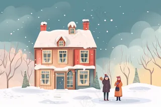 下雪天白雪覆盖房子人们门口闲谈卡通插画素材背景