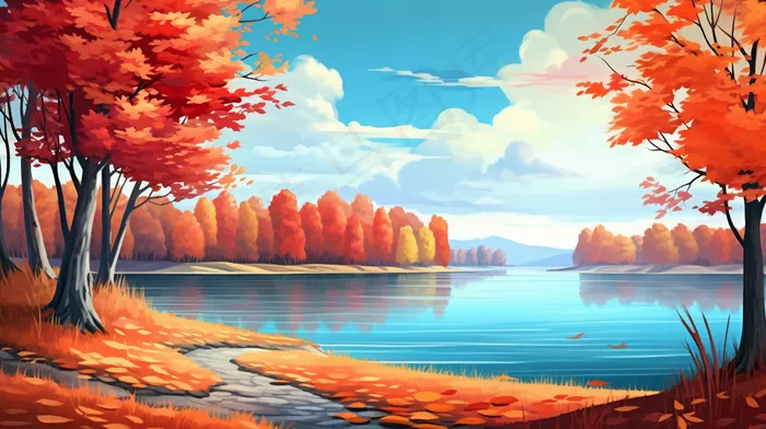 秋季树木湖泊河流风景新疆插画素材背景(4368x2448)