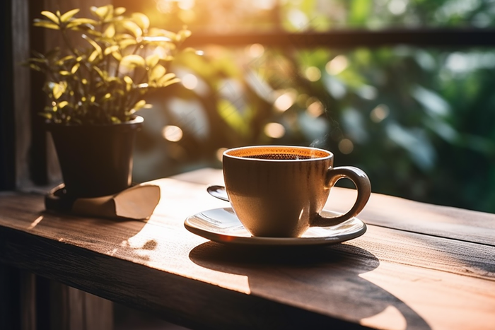 窗台上的咖啡杯阳光摄影图