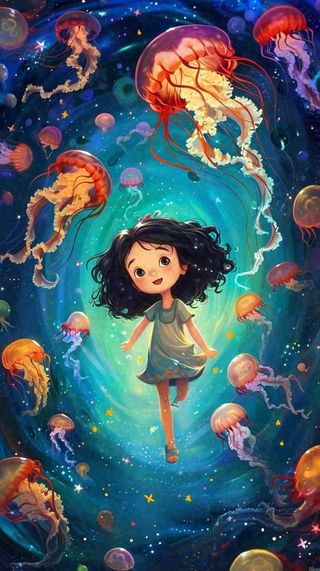 炫酷浪漫海洋海底水底可爱女孩手绘插画，鱼类水母生物