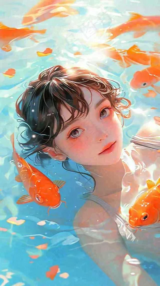 阳光泳池游泳人物男女，金鱼水面海上，反光色彩摄影图