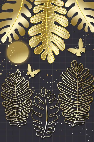 金色叶子蝴蝶黑色装饰画