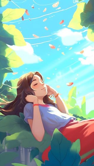 夏日乘凉的女孩躺着叶子上荷叶绿色海报背景