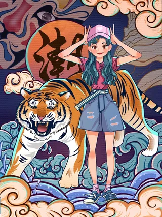 虎年中国风萌虎插画