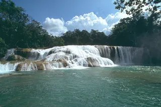 蓝天白云下山林里的瀑布