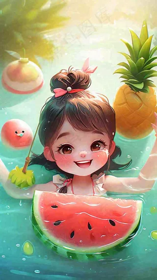 夏日清爽游泳儿童戏水，水果西瓜清凉，夏至大暑小暑