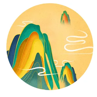 中国风国潮山水插画祥云中式手绘烫金线条元素png装饰背景PSD素材