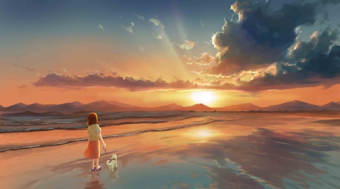 夏日海边的黄昏--——插画