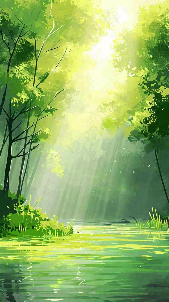 夏日森林丛林阳光绿色河面草丛树木手绘插画，夏至小暑大暑(816x1456)
