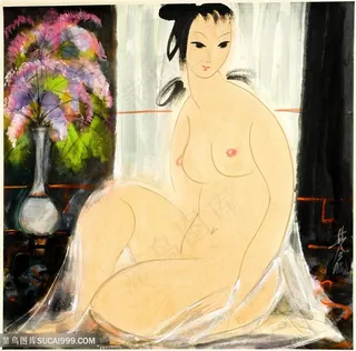 林风眠手绘裸体美女花卉装饰画