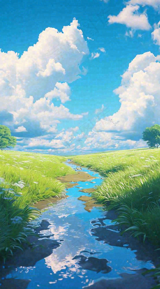 春天河边青草池塘蓝天白云，立春(816x1472)