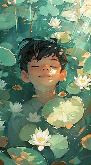 夏日温暖阳光墨绿荷花池荷叶，睡眠男孩