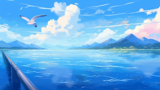 海洋湖泊海蓝色水天空白云海鸥卡通插画