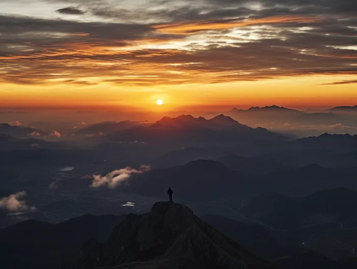 登山山顶看朝阳日出摄影图(3696x2784)