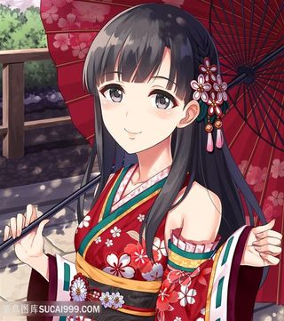 日本穿和服撑伞的优雅甜美女生动漫图片