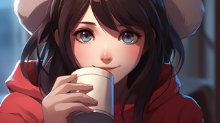 动漫插画红衣女孩握杯子喝水背景