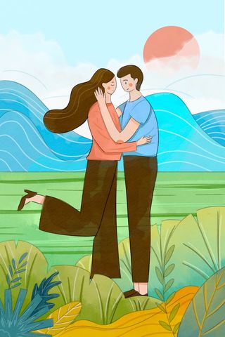 卡通温馨浪漫2月14七夕520情侣拥抱情人节主题插画海报PSD素材