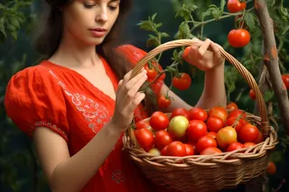 美女在菜园里采摘的一篮西红柿摄影图