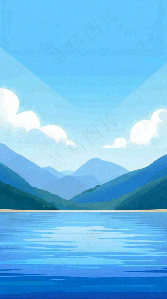 夏天蓝色扁平卡通插画蓝天白云湖水远山