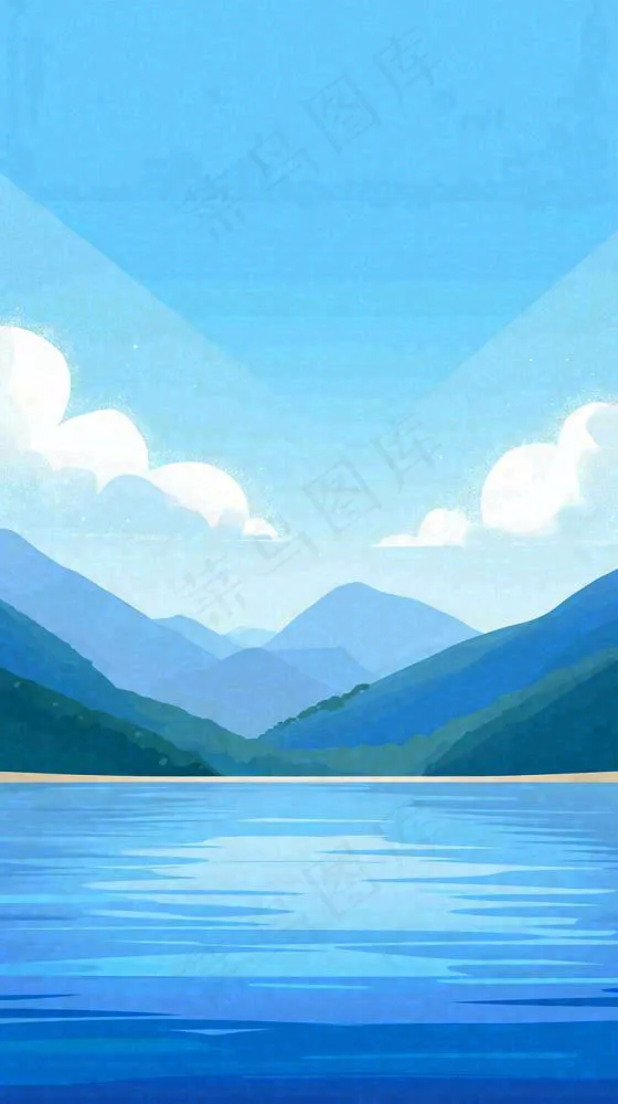 夏天蓝色扁平卡通插画蓝天白云湖水远山(816x1456)