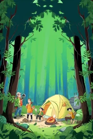 亲子露营野营游玩绿色插画背景