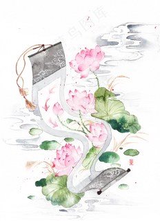 唯美古风水彩手绘荷叶荷花