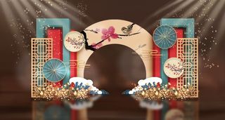 红蓝色中式传统婚礼迎宾区效果图