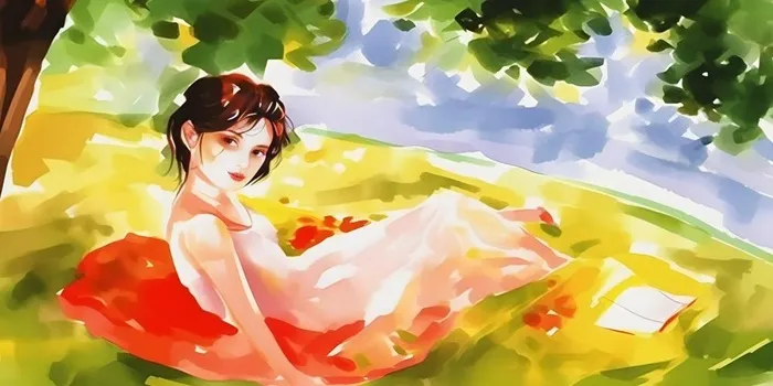 夏日人物水果树荫乘凉插画素材背景(6144x3072)
