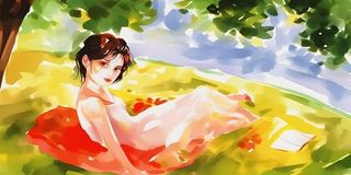 夏日人物水果树荫乘凉插画素材背景