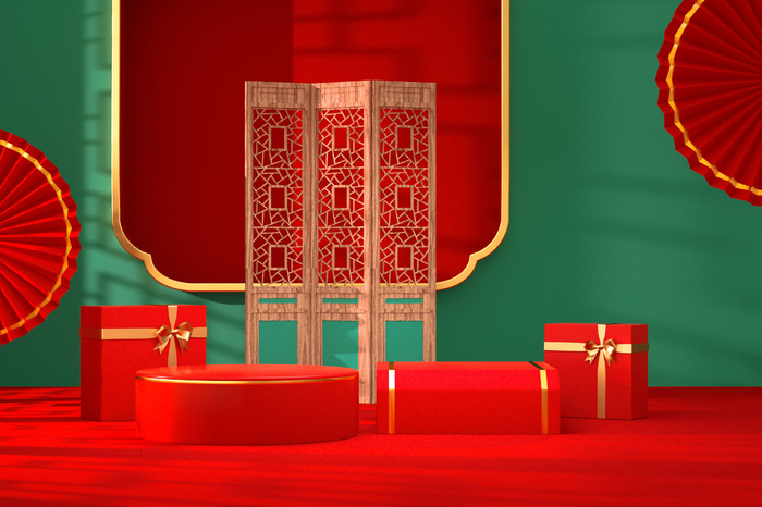 中国风古典喜庆C4D背景图3D国潮场景促销活动海报PSD设计素材模板psd模版下载
