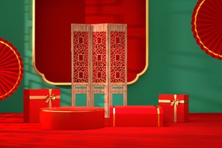 中国风古典喜庆C4D背景图3D国潮场景促销活动海报PSD设计素材模板