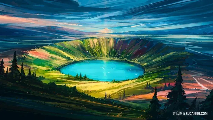 唯美碧绿的湖泊蓝天海口插画