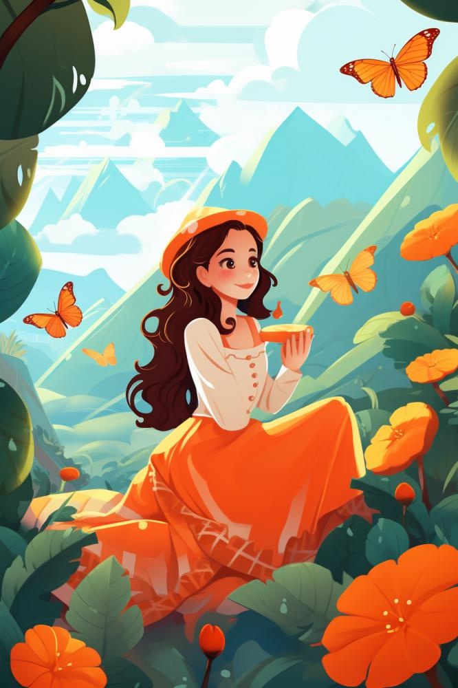 清新花草女孩蝴蝶插画背景