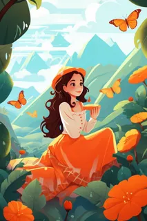 清新花草女孩蝴蝶插画背景