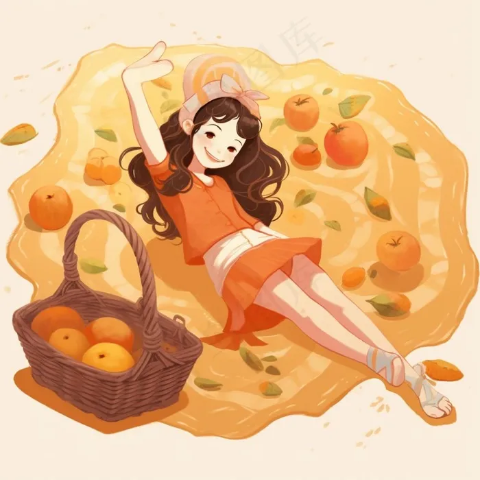 野餐垫上的女孩水果玩耍开心橙色插画素材背景(1024x1024)