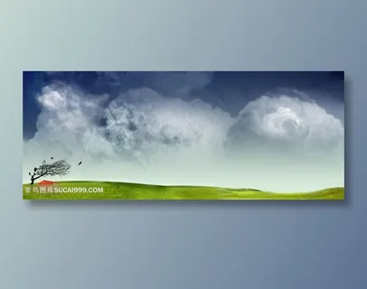 树木房屋草原云层背景素材