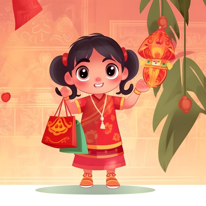 红色女孩灯笼祈福节日素材背景