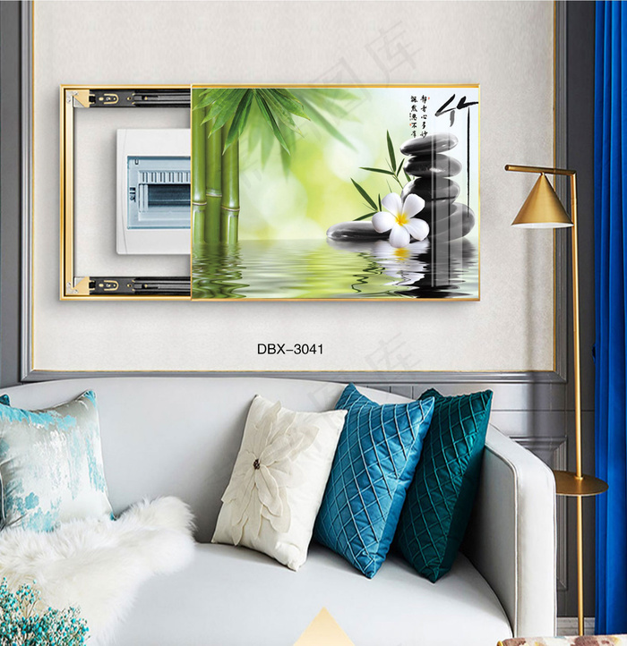 大气时尚家居室内装饰场景客厅沙发卧室床铺电表箱壁画背景装饰画竹子山水画