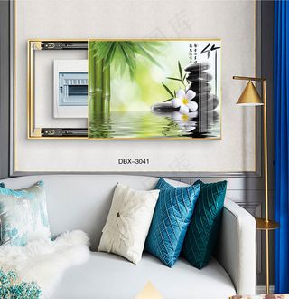 大气时尚家居室内装饰场景客厅沙发卧室床铺电表箱壁画背景装饰画竹子山水画