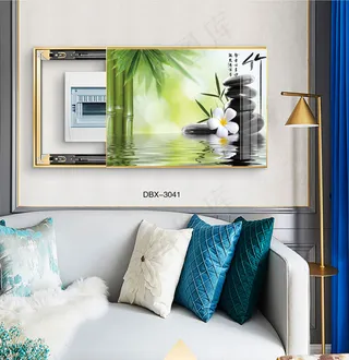 大气时尚家居室内装饰场景客厅沙发卧室床铺电表箱壁画背景装饰画竹子山水画