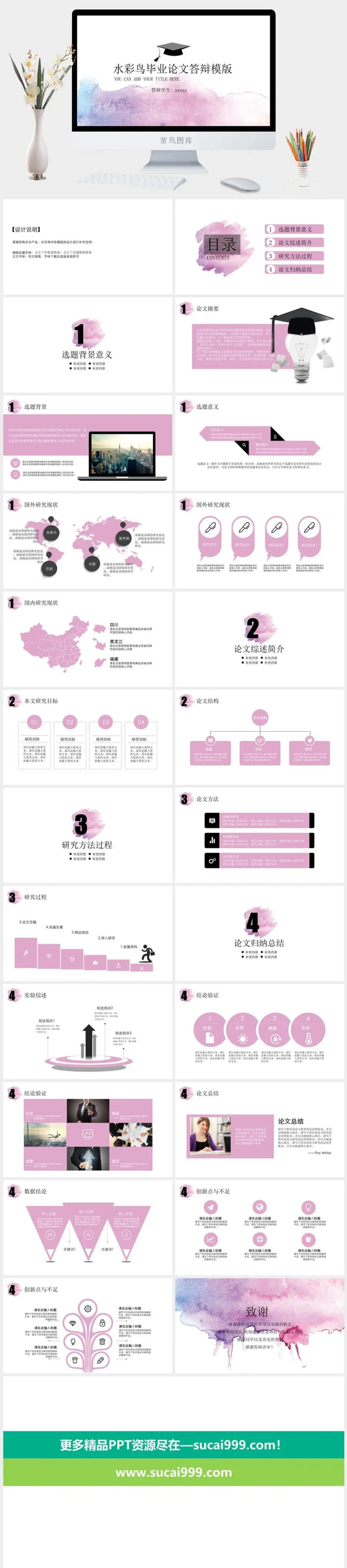 水彩风毕业论文答辩ppt模版