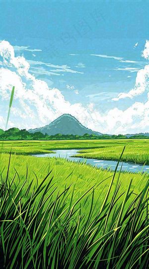 春天阳光灿烂远处的高山和田野春意盎然手绘卡通画