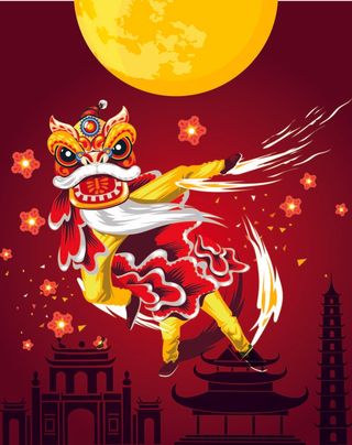 中秋节快舞狮红色背景